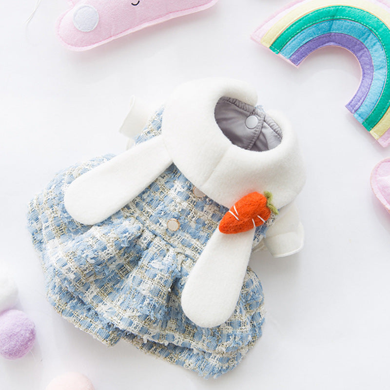 Pet dress, bunny ear hat + carrot plush toy, small dog-themed autumn/winter outfit