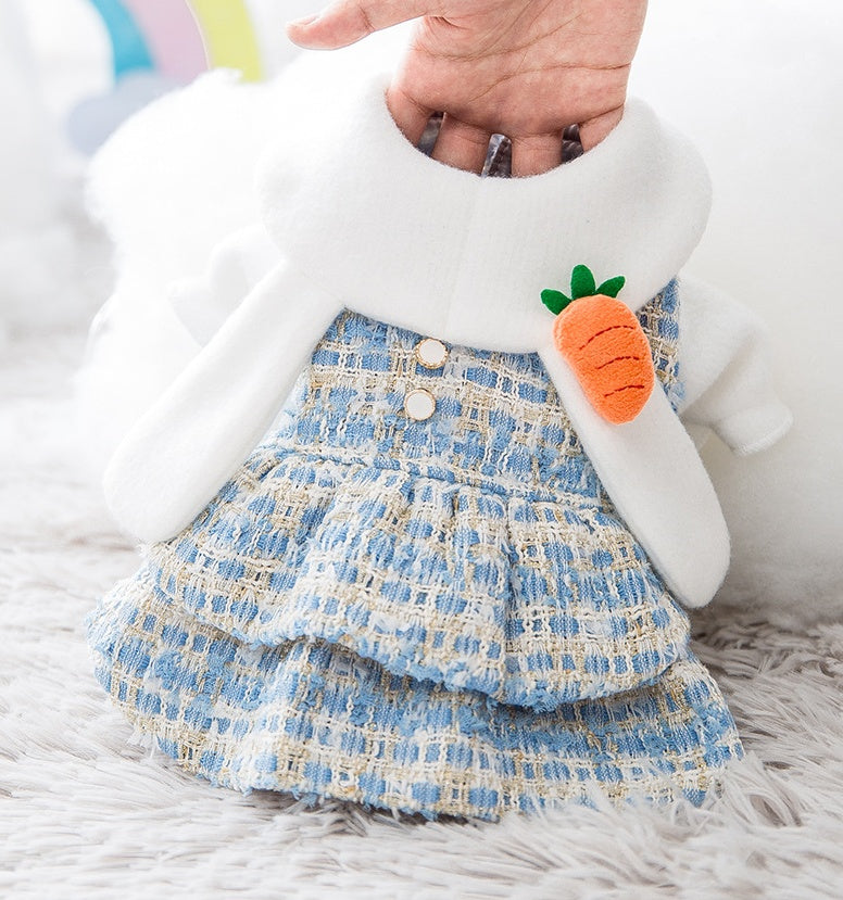 Pet dress, bunny ear hat + carrot plush toy, small dog-themed autumn/winter outfit