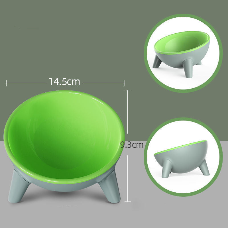 Color-blocked cat/small dog bowl with tilted neck support design to prevent black chin.