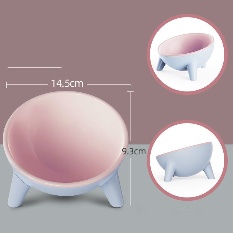 Color-blocked cat/small dog bowl with tilted neck support design to prevent black chin.