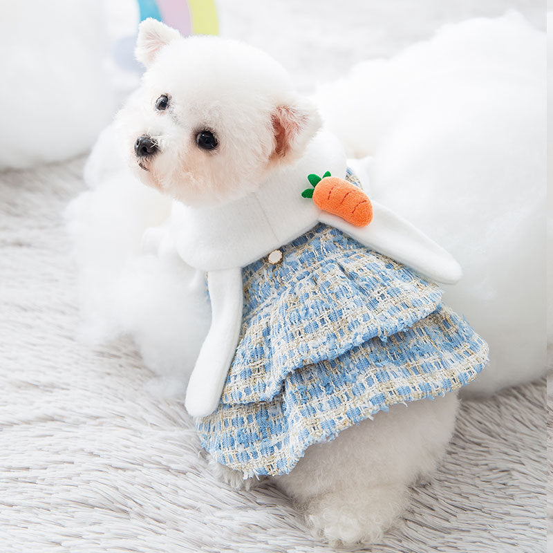 Pet dress, bunny ear hat + carrot plush toy, small dog-themed autumn/winter outfit