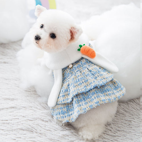 Pet dress, bunny ear hat + carrot plush toy, small dog-themed autumn/winter outfit