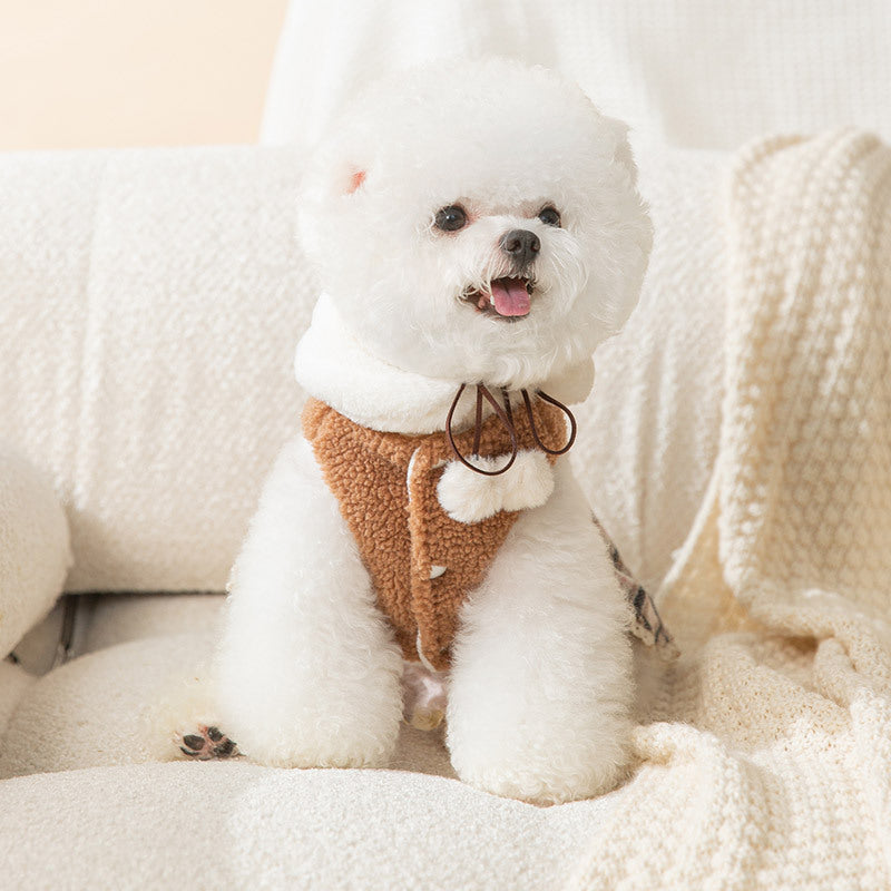 Plush dog clothes with a plaid skirt and scarf