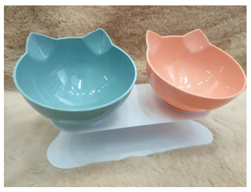 Neck-protecting double food bowl for cats and dogs