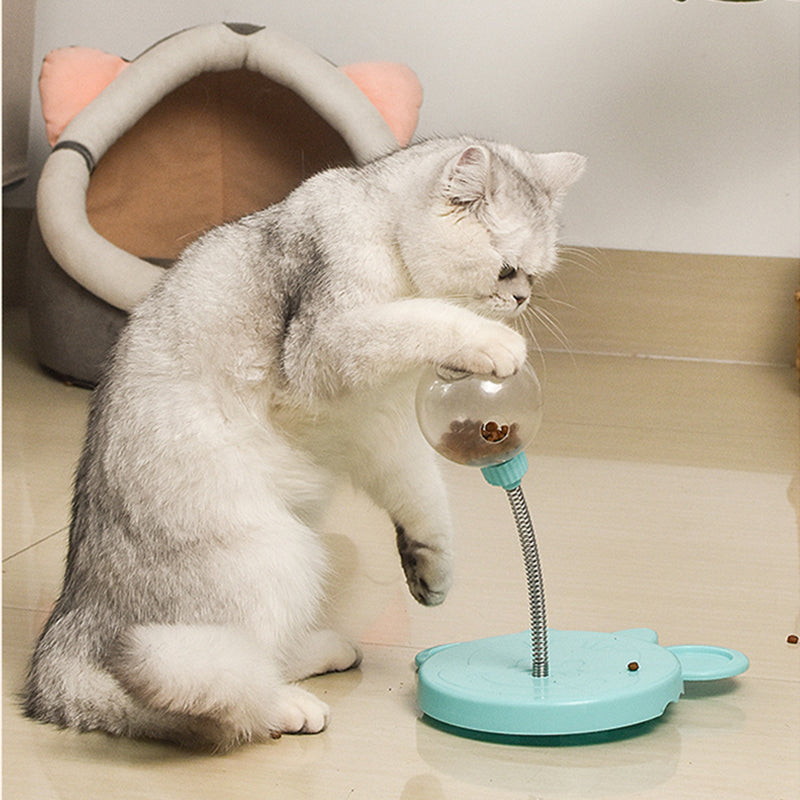 Educational cat toy with a food dispenser and spring-loaded rocking design