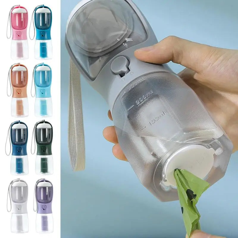 All-in-one pet travel cup with water and food compartment + poop bag dispenser
