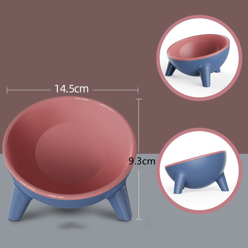 Color-blocked cat/small dog bowl with tilted neck support design to prevent black chin.