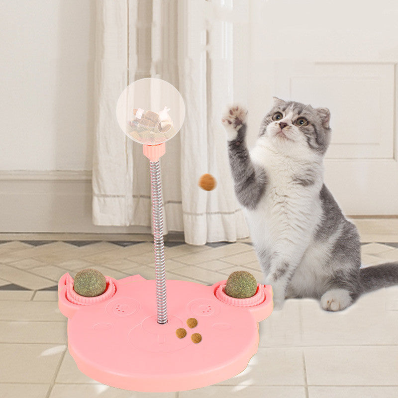 Educational cat toy with a food dispenser and spring-loaded rocking design