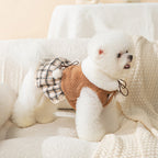 Plush dog clothes with a plaid skirt and scarf