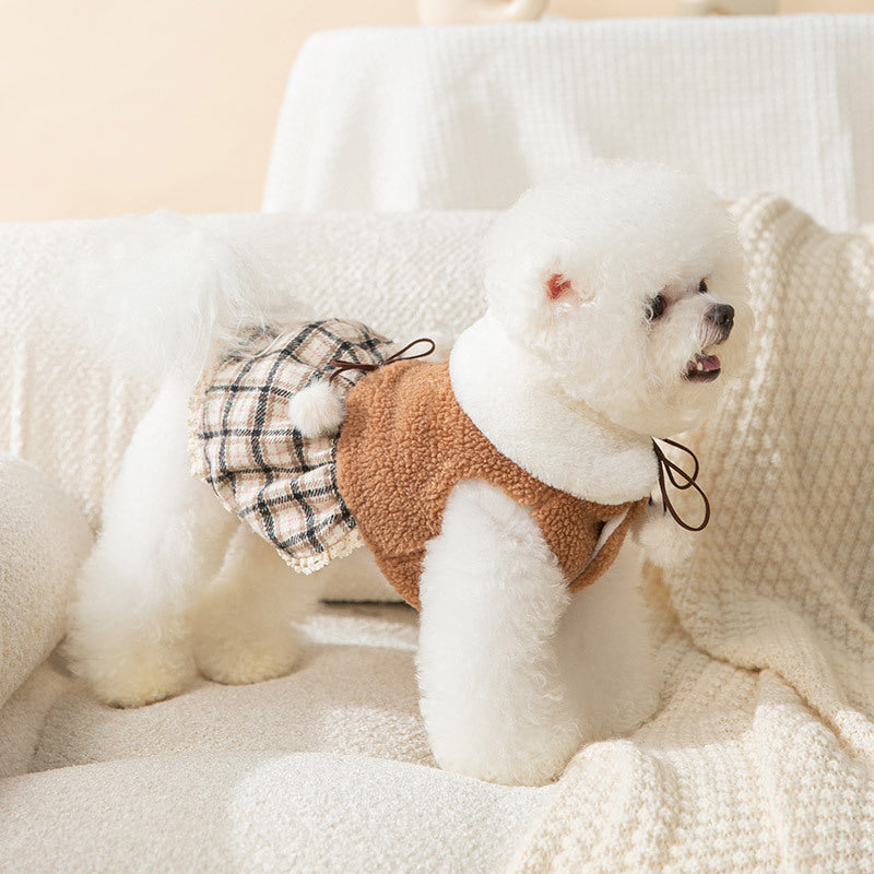 Plush dog clothes with a plaid skirt and scarf